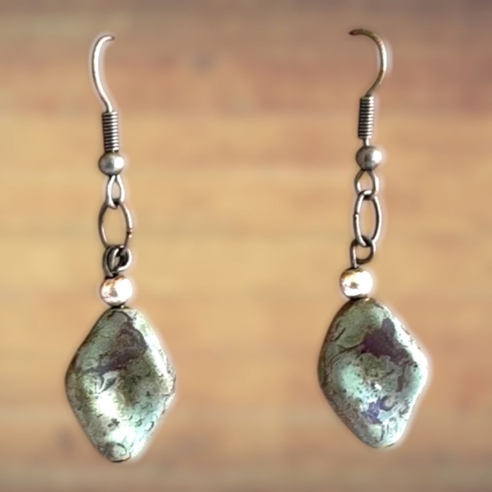 Green Picasso Twist Earrings Antique Silver Hooks #375 - Picture 4 of 5